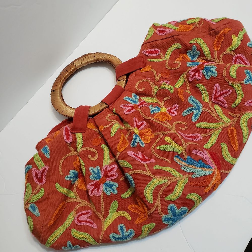 Earth Divas Embroidered Wicker Handle Boho Purse